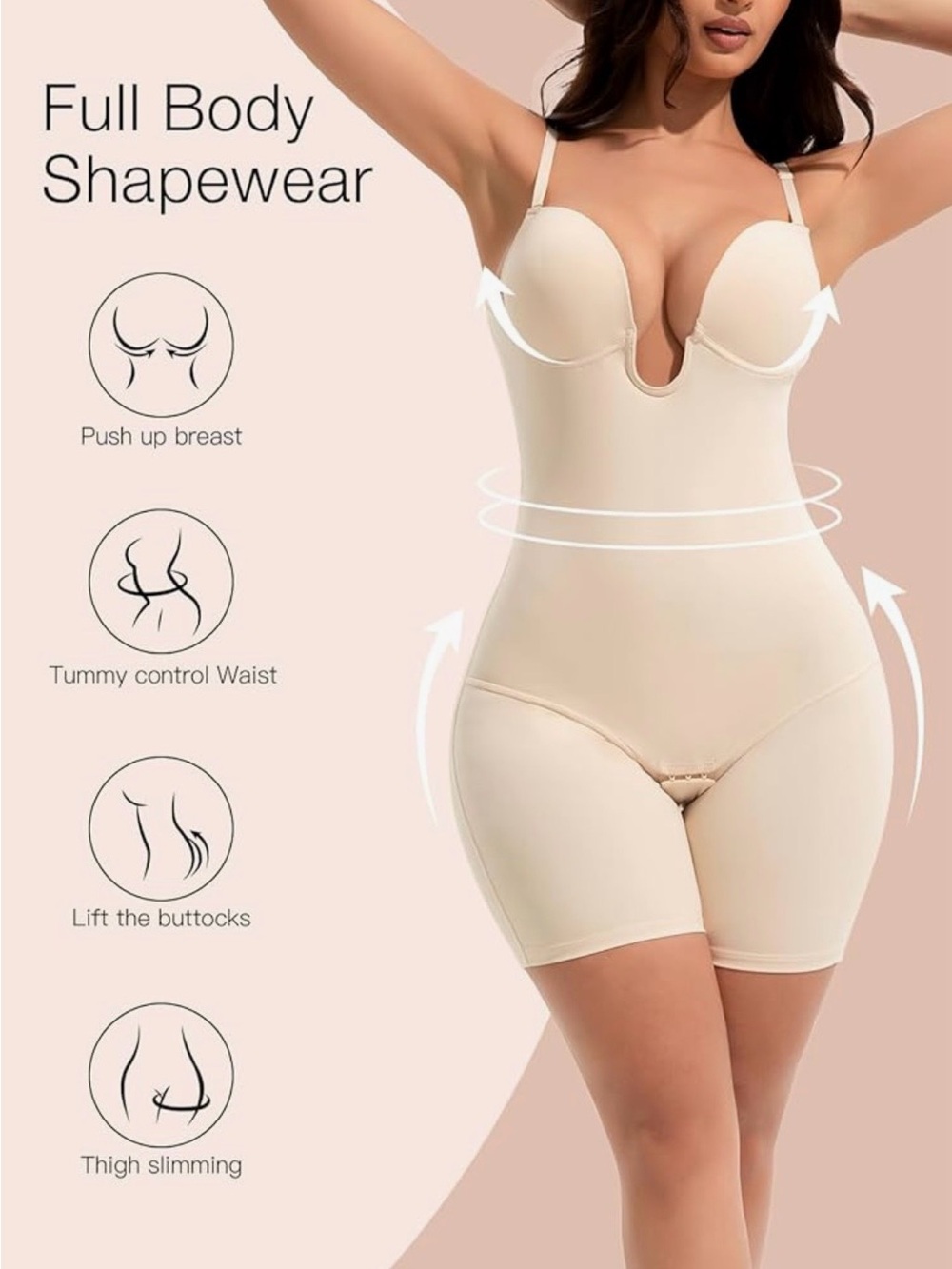 Slimers U Plunge Backless Full Body Shapewear with Tummy Control, Low  Back, Bra